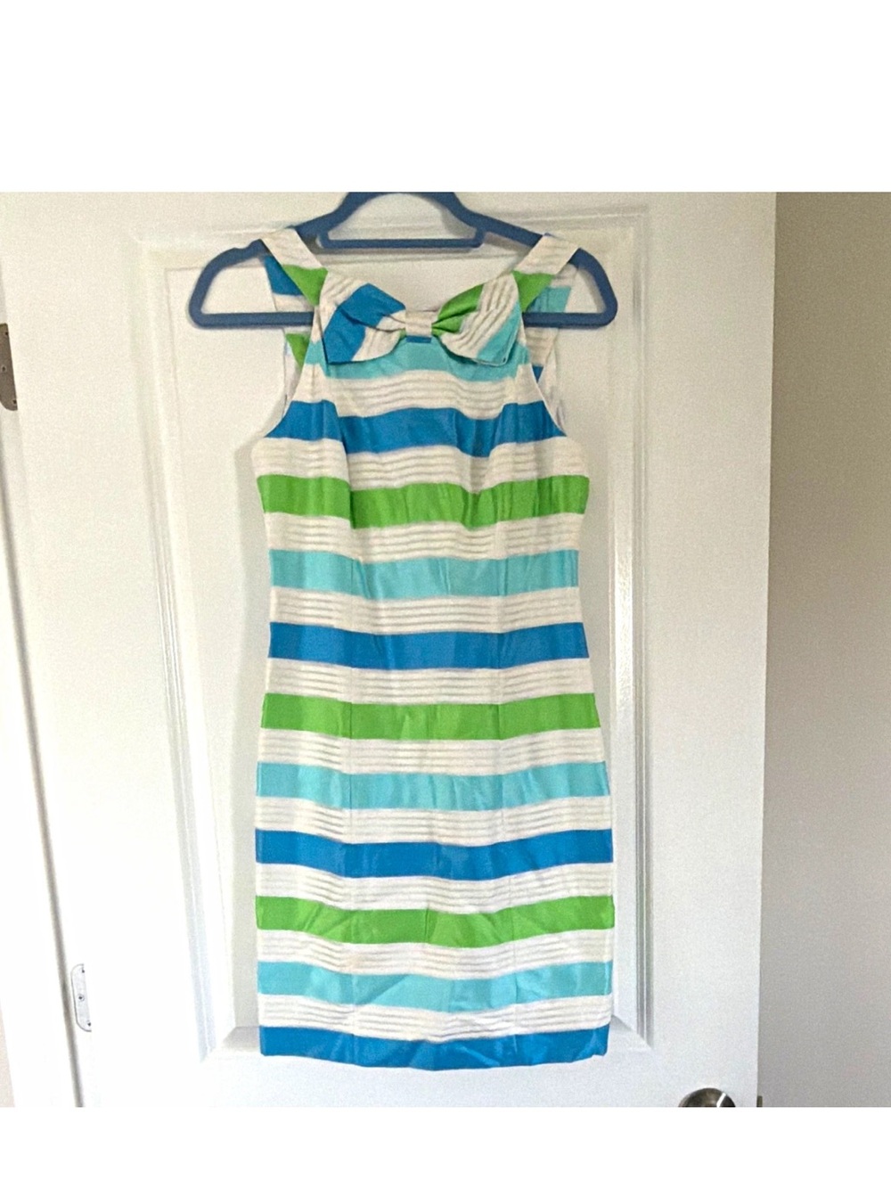 Lilly Pulitzer Striped Bow-Neck Sheath Dress in Blue, Green & White